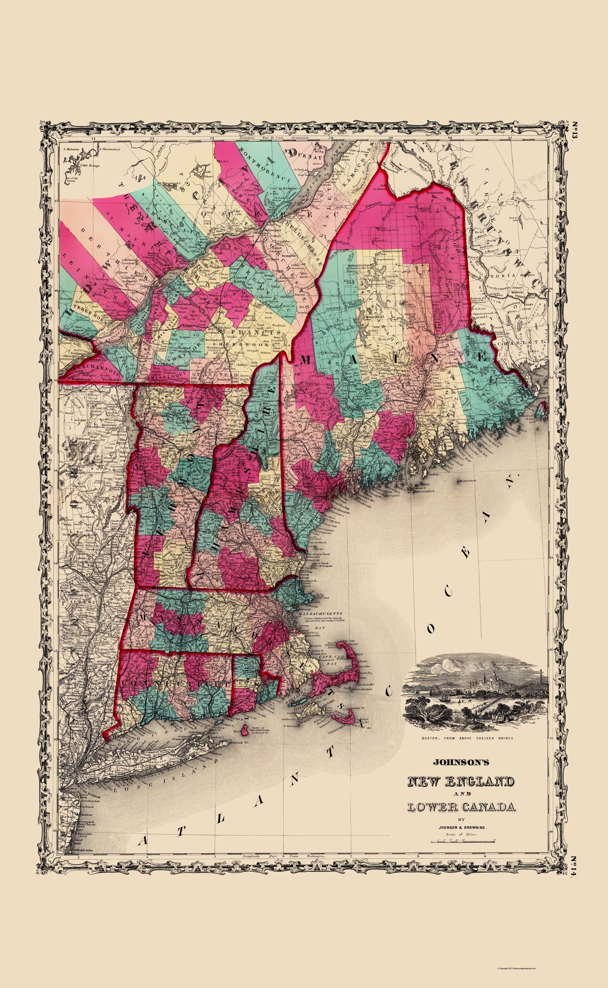 Historic Map - North America New England Canada United States - Johnso ...