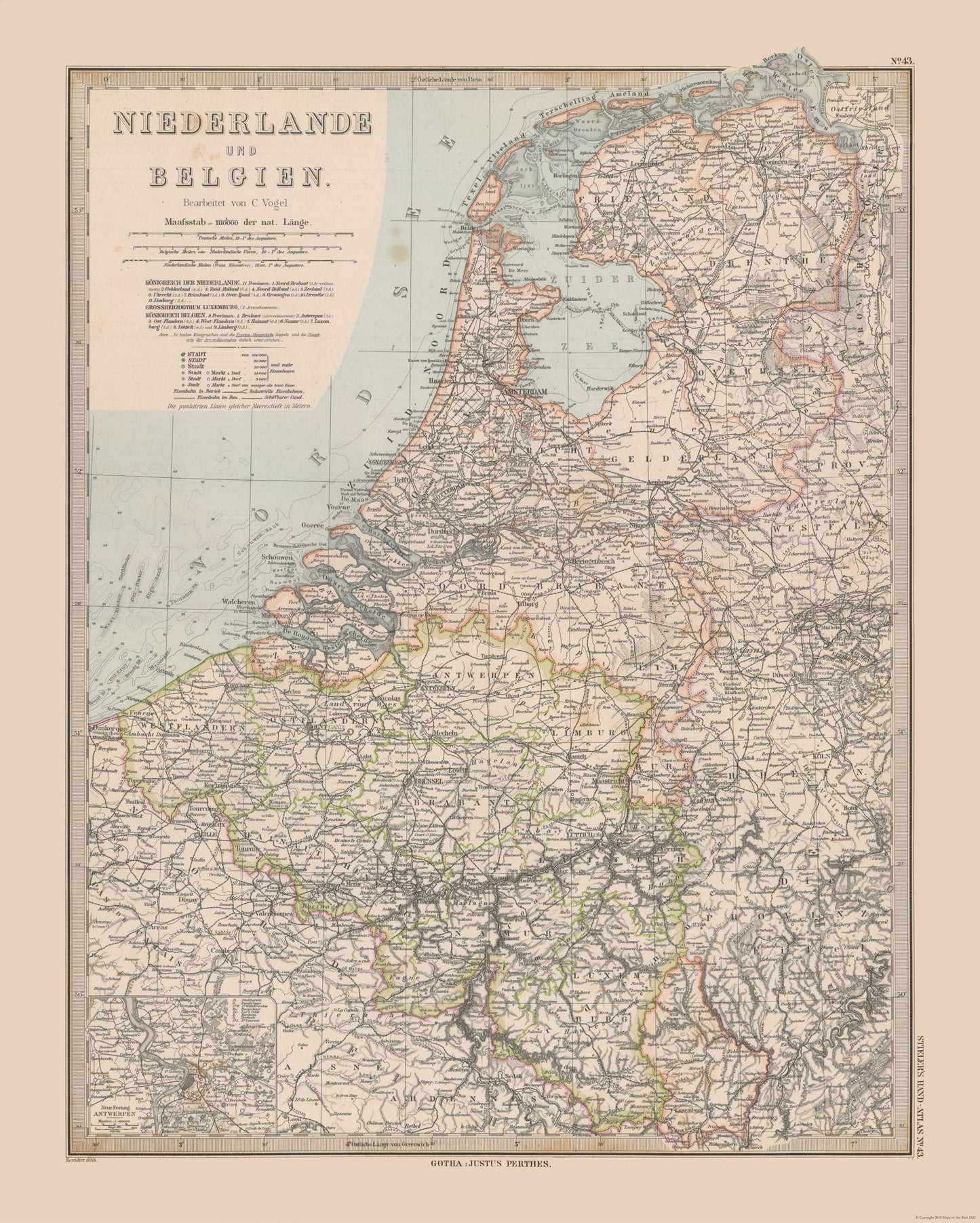 Historic Map - Netherlands Belgium - Stieler 1885 - 23 x 28.71 - Vintage Wall Art