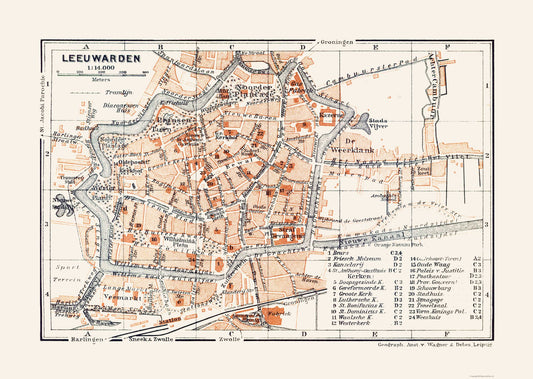 Historic Map - Leeuwarden Netherlands - Baedeker 1910 - 32.34 x 23 - Vintage Wall Art