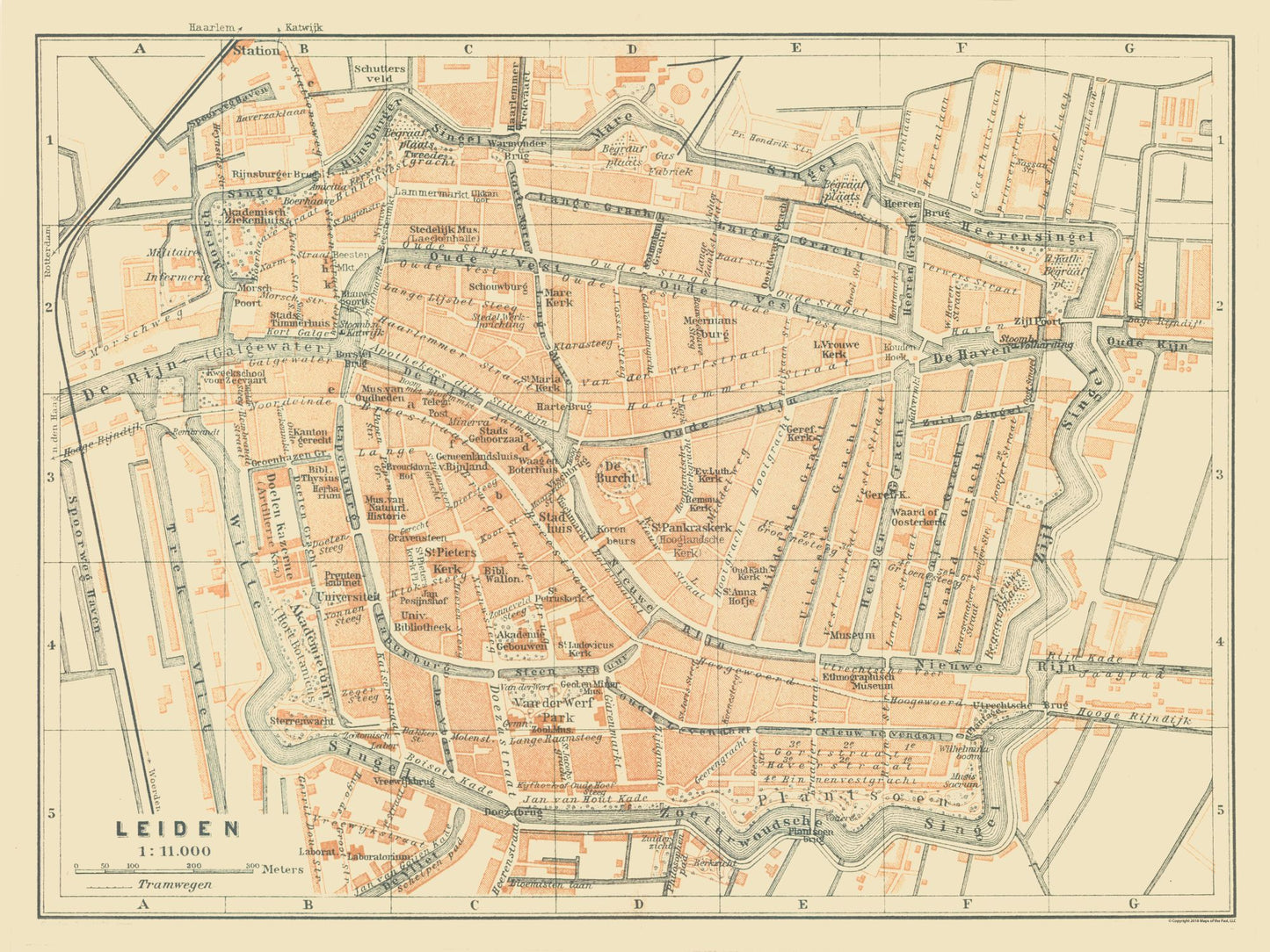 Historic Map - Leiden Netherlands - Baedeker 1910 - 30.66 x 23 - Vintage Wall Art