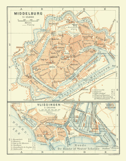 Historic Map - Middelburg Vlissingen Netherlands - Baedeker 1910 - 23 x 29.35 - Vintage Wall Art