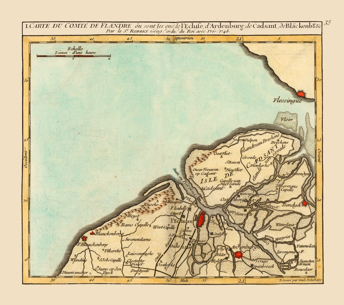 Historic Map - Sluis Environs Netherlands - Robert 1748 - 25.90 x 23 - Vintage Wall Art