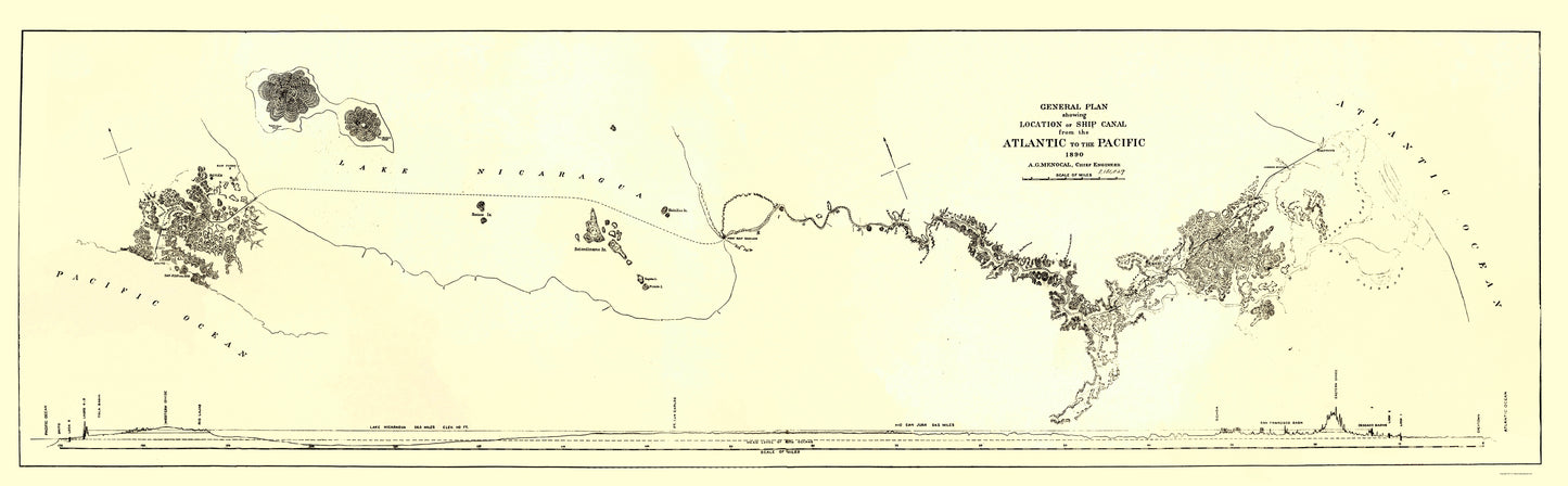 Historic Nautical Map - Nicaragua Canal Atlantic Pacific - Menocal 1890 - 23 x 74 - Vintage Wall Art