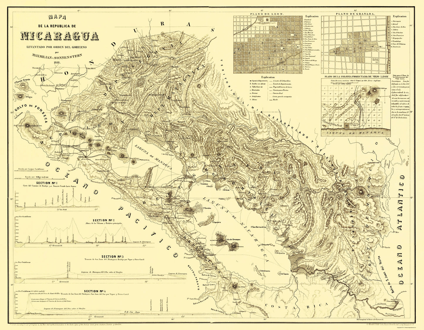 Historic Map - Nicaragua - Maxmilian 1858 - 23 x 29.56 - Vintage Wall Art