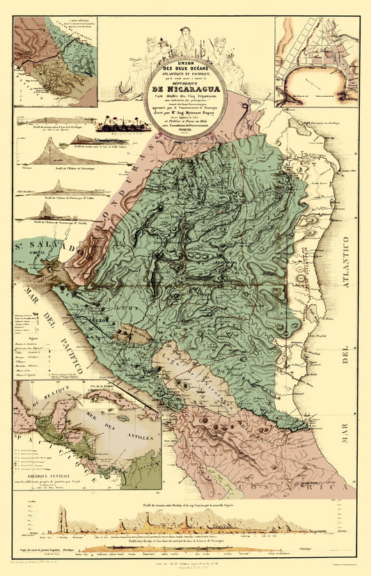 Historic Nautical Map - Nicaragua Canal Topographic - Dupuy 1855 - 23 x 35.70 - Vintage Wall Art
