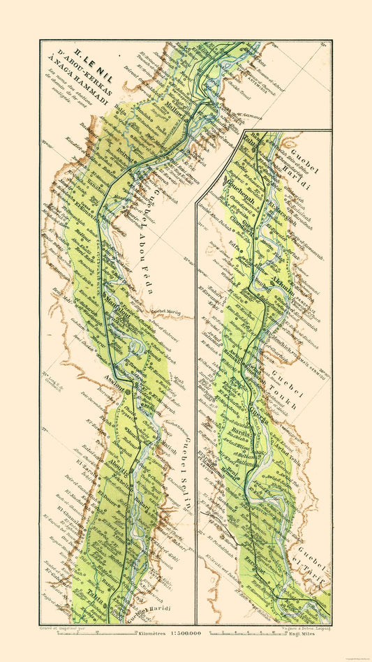 Historic Map - Abu Qurqas Nagaa Hammadi Egypt - Baedeker 1913 - 23 x 40.89 - Vintage Wall Art