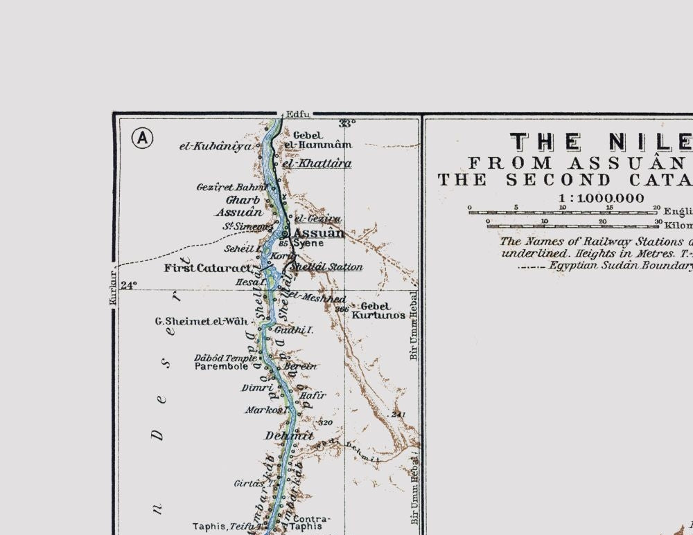 Historic Map - Aswan Egypt Second Cataract - Baedeker 1913 - 29.75 x 23 - Vintage Wall Art