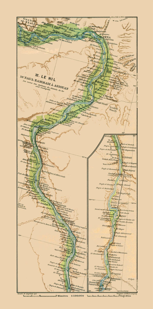 Historic Map - Nagaa Hammadi Aswan Egypt - Baedeker 1913 - 23 x 46.51 - Vintage Wall Art