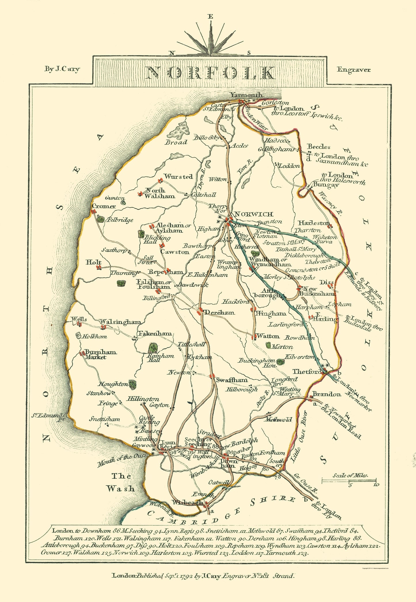 Historic Map - Norfolk County England - Cary 1792 - 23 x 33.27 - Vintage Wall Art