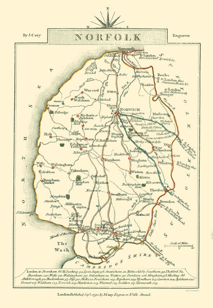 Historic Map - Norfolk County England - Cary 1792 - 23 x 33.27 - Vintage Wall Art