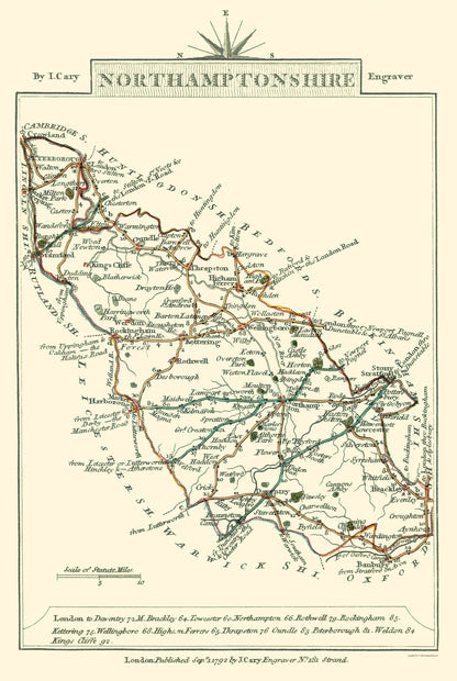 Historic Map - Northamptonshire County England - Cary 1792 - 23 x 34 - Vintage Wall Art