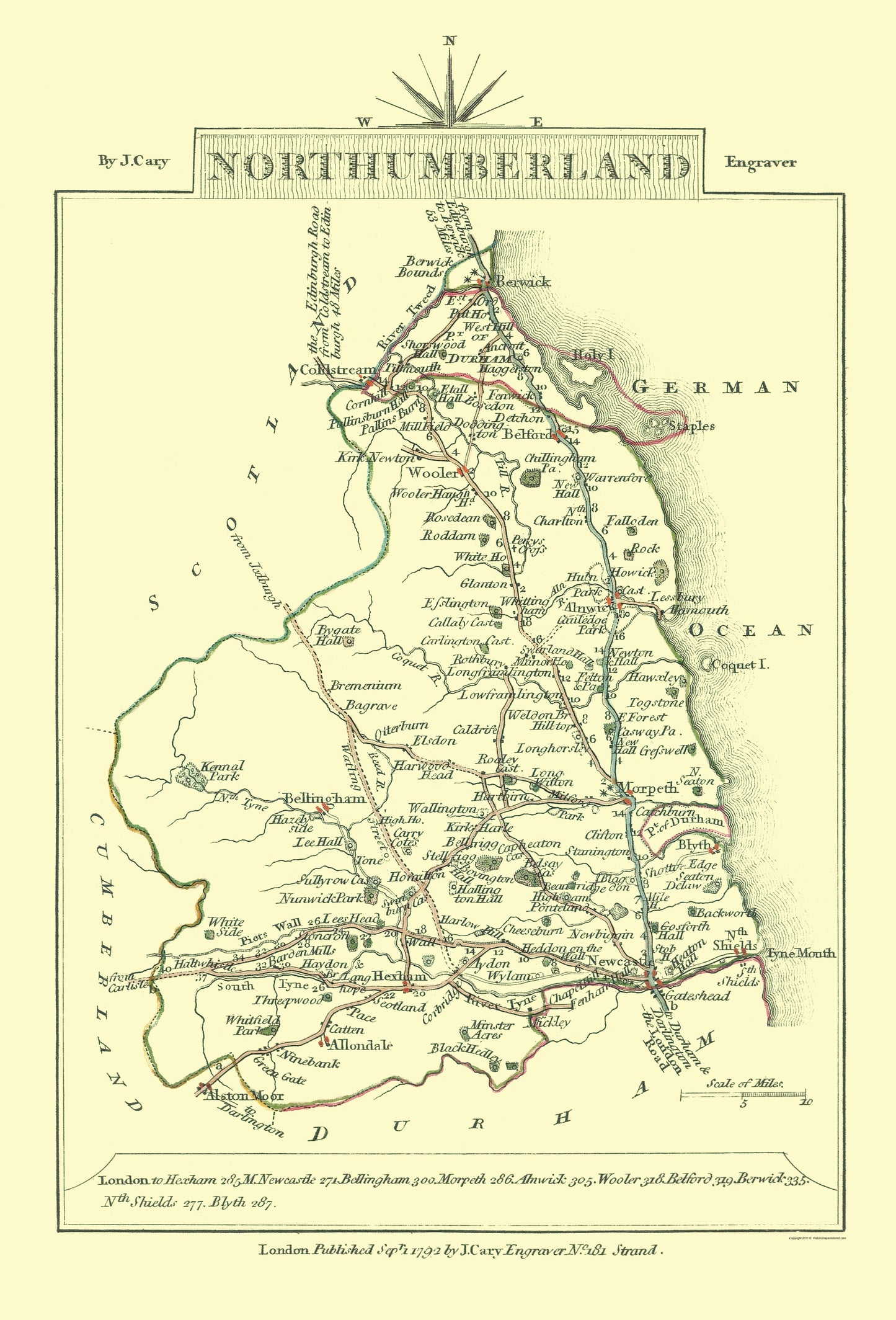 Historic Map - Northumberland County England - Cary 1792 - 23 x 33.87 - Vintage Wall Art