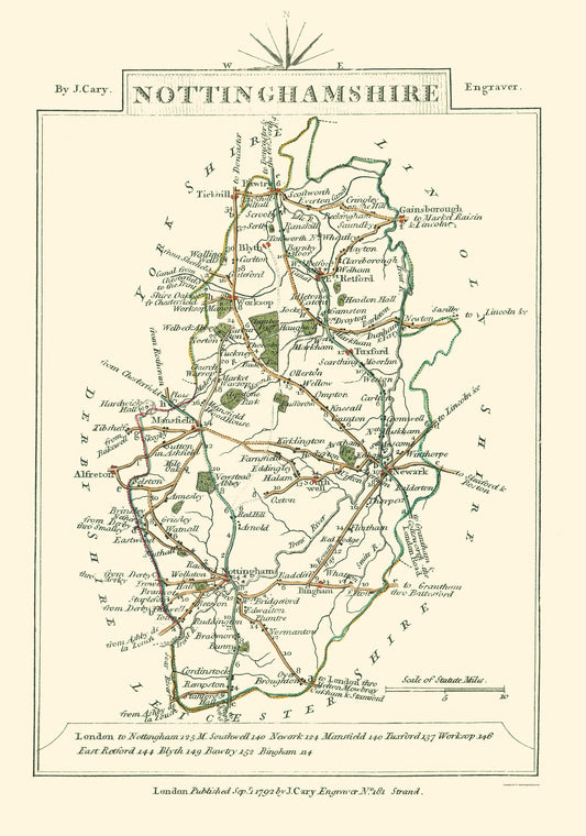 Historic Map - Nottinghamshire County England - Cary 1792 - 23 x 32.78 - Vintage Wall Art