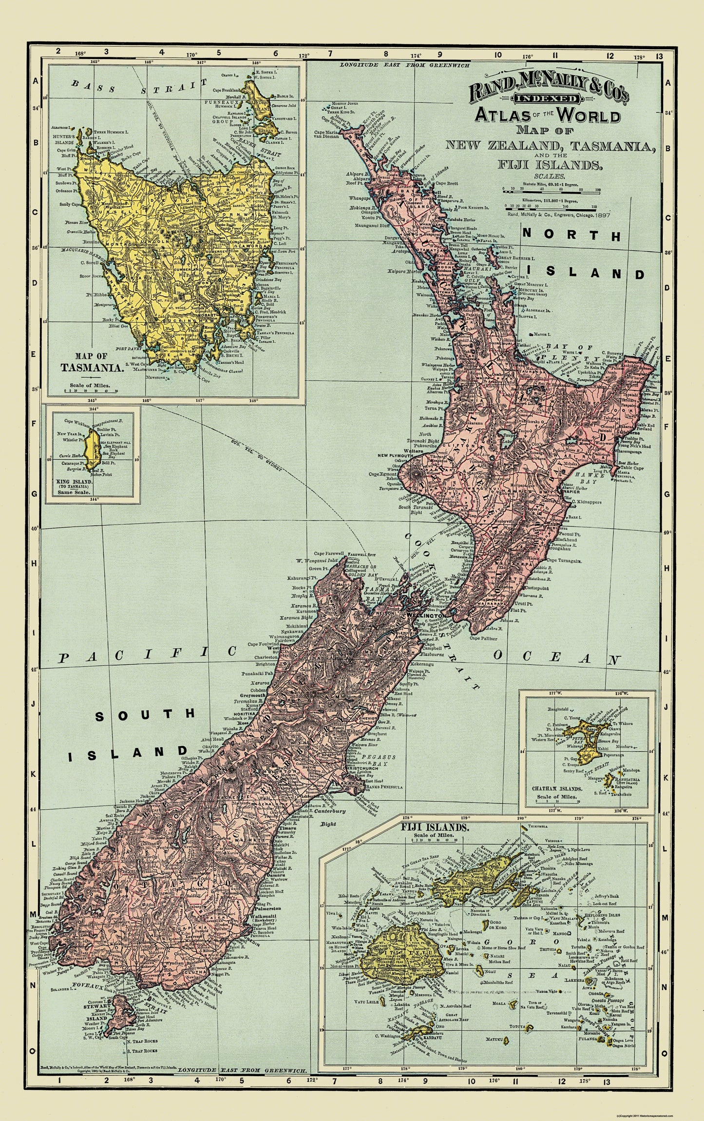 Historic Map - Tasmania Figi Islands New Zealand  - Rand McNally 1897 - 23 x 36 - Vintage Wall Art