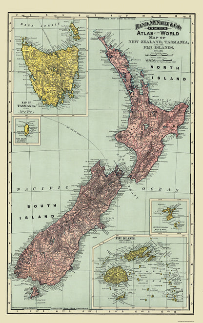 Historic Map - Tasmania Figi Islands New Zealand  - Rand McNally 1897 - 23 x 36 - Vintage Wall Art