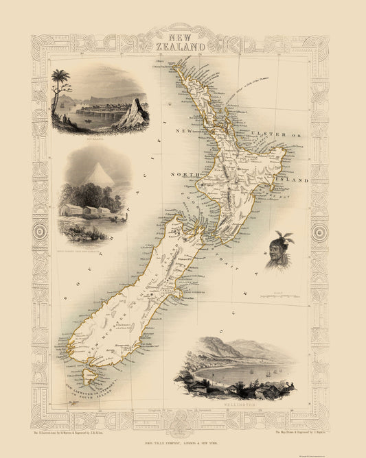 Historic Map - New Zealand - Tallis 1851 - 23 x 28.83 - Vintage Wall Art