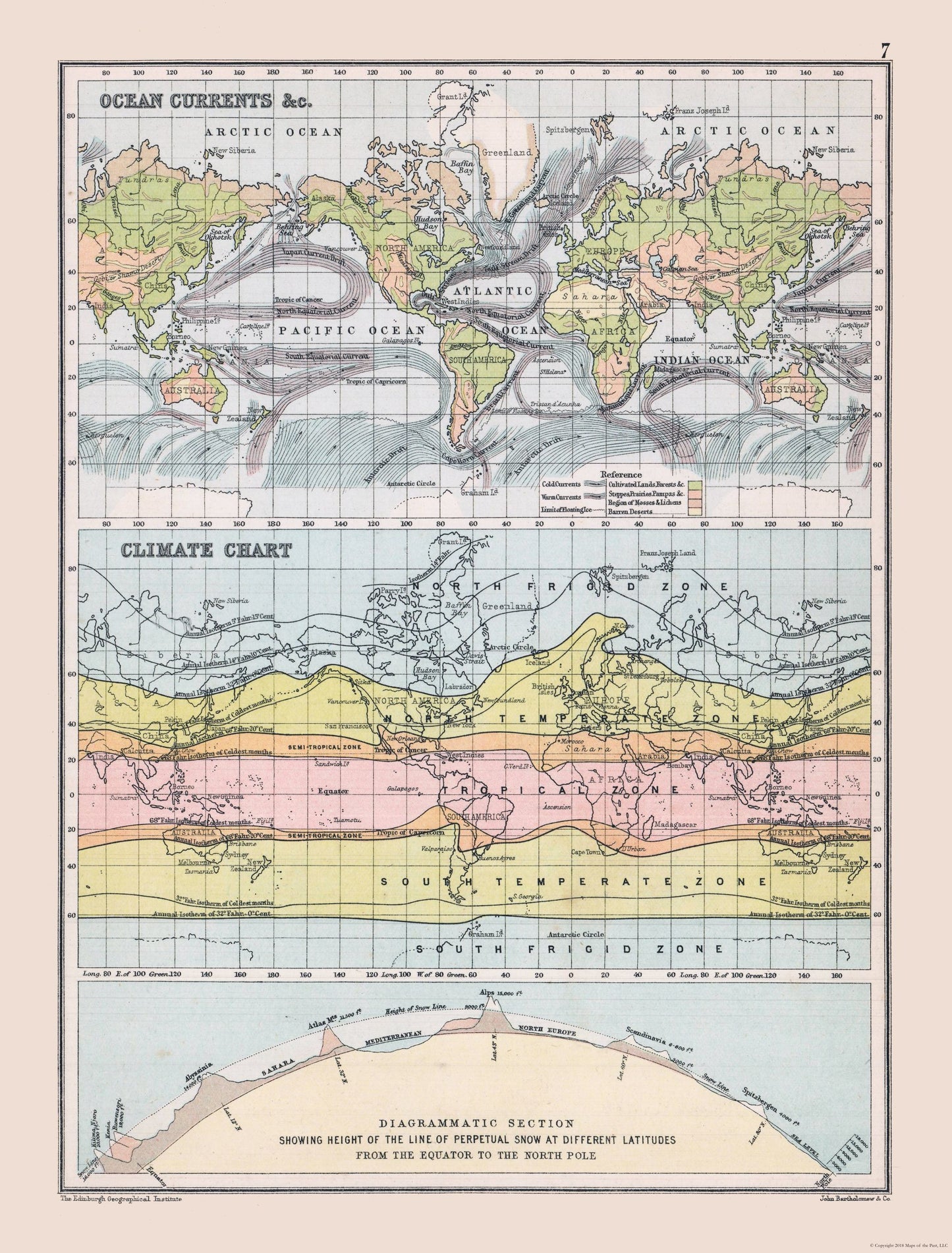 Historic Nautical Map - Ocean Currents Climate Chart - Bartholomew 1892 - 23 x 30.26 - Vintage Wall Art