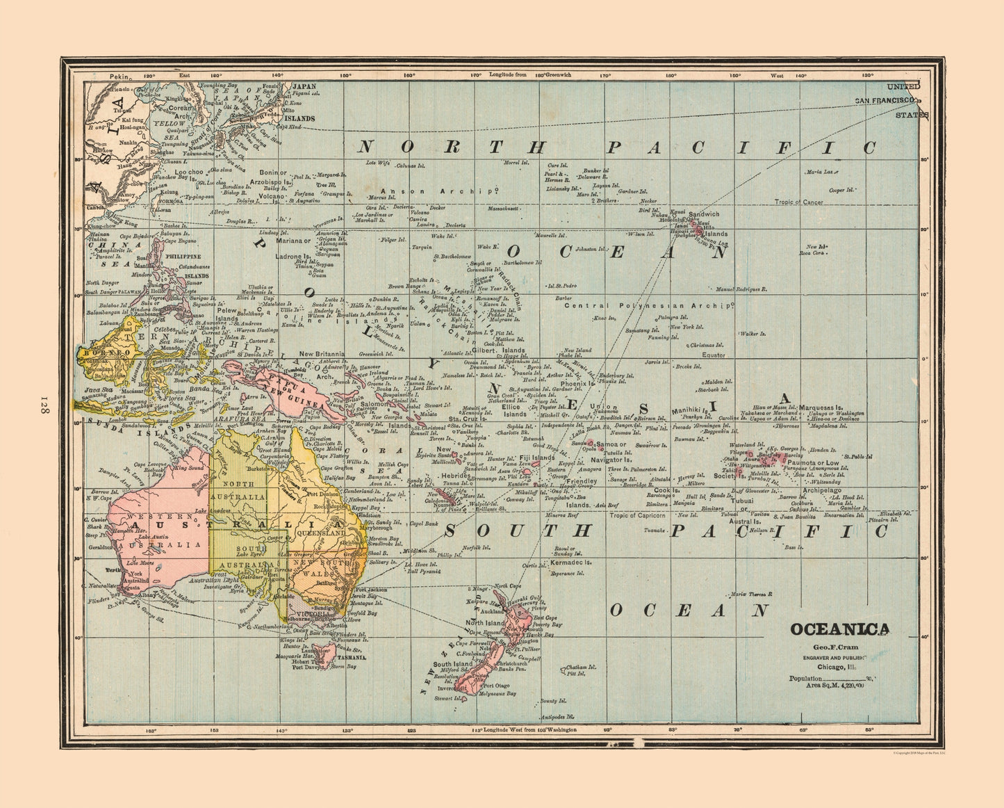 Historic Map - Oceania - Cram 1888 - 28.60 x 23 - Vintage Wall Art