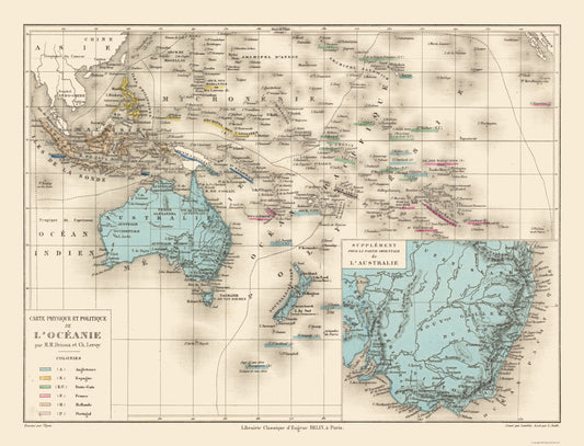 Historic Map - Oceania Physical Political - Drioux 1882 - 30.15 x 23 - Vintage Wall Art