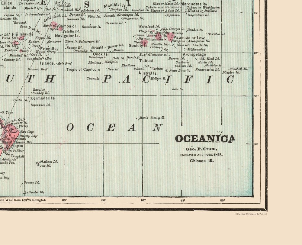 Historic Map - Oceania - Cram 1892 - 28.34 x 23 - Vintage Wall Art