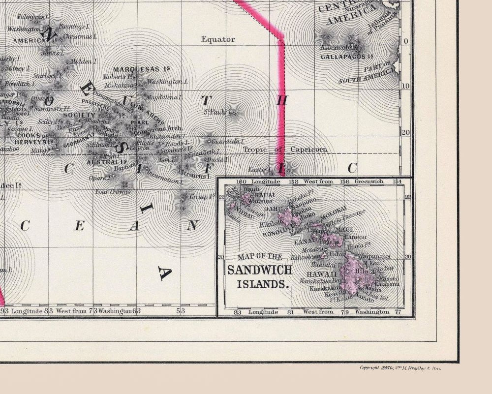 Historic Map - Oceania Islands - Bradley 1887 - 28.71 x 23 - Vintage Wall Art