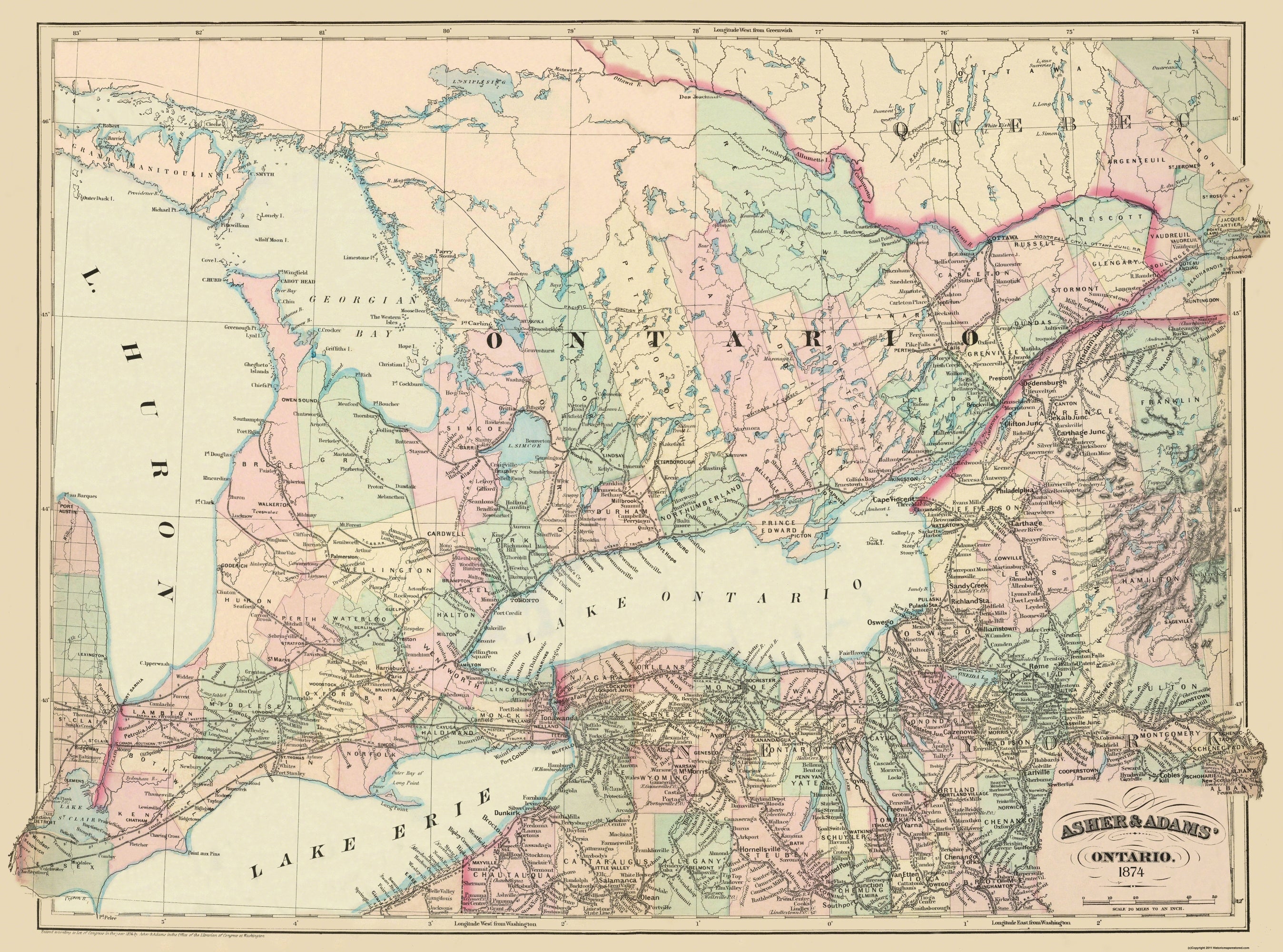 Historic Map - Ontario Canada - Asher 1874 - 31 x 23 - Vintage Wall Ar ...