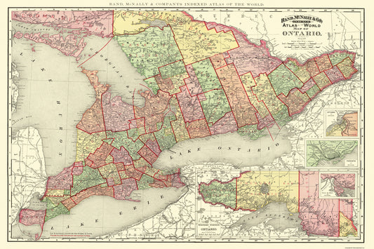 Historic Map - Ontario Canada - Rand McNally 1892 - 34.5 x 23 - Vintage Wall Art