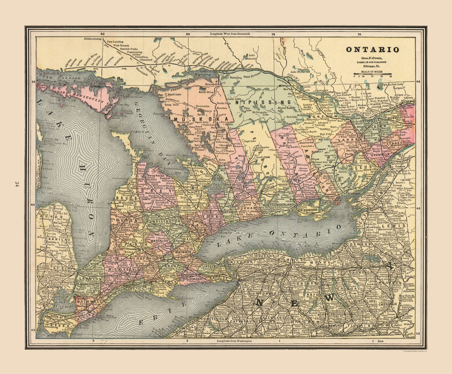 Historic Map - Ontario Province Canada - Cram 1888 - 27.79 x 23 - Vintage Wall Art