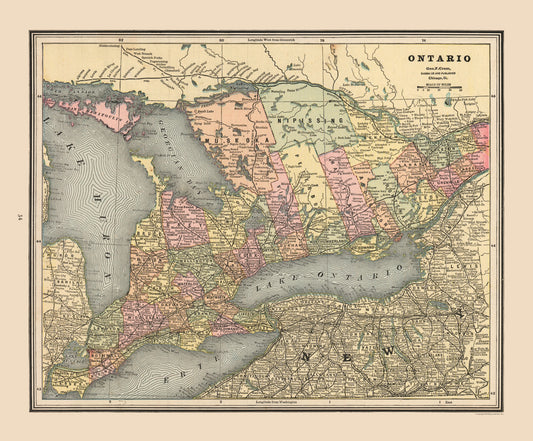 Historic Map - Ontario Province Canada - Cram 1888 - 27.79 x 23 - Vintage Wall Art