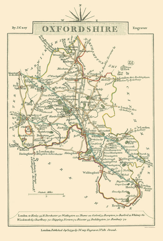 Historic Map - Oxfordshire County England - Cary 1792 - 23 x 34.00 - Vintage Wall Art