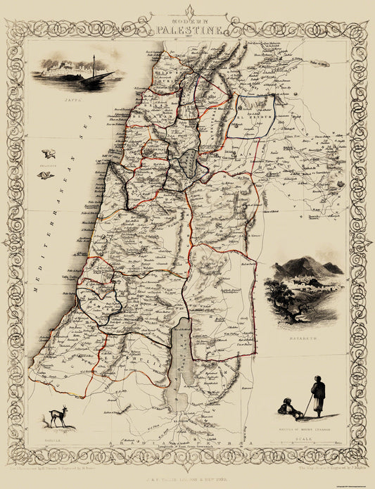 Historic Map - Palestine Israel Modern - Tallis 1807 - 23 x 30 - Vintage Wall Art