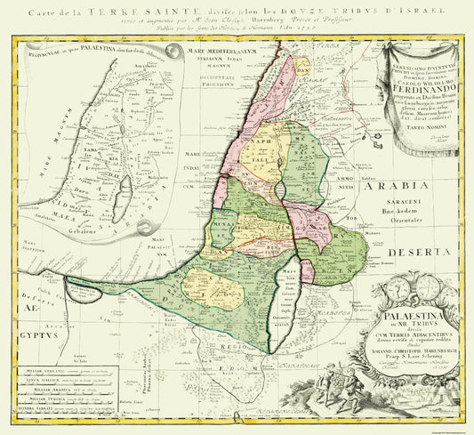 Historic Map - Israel Holy Land 12 Tribes - Homann 1750 - 25 x 23 - Vintage Wall Art