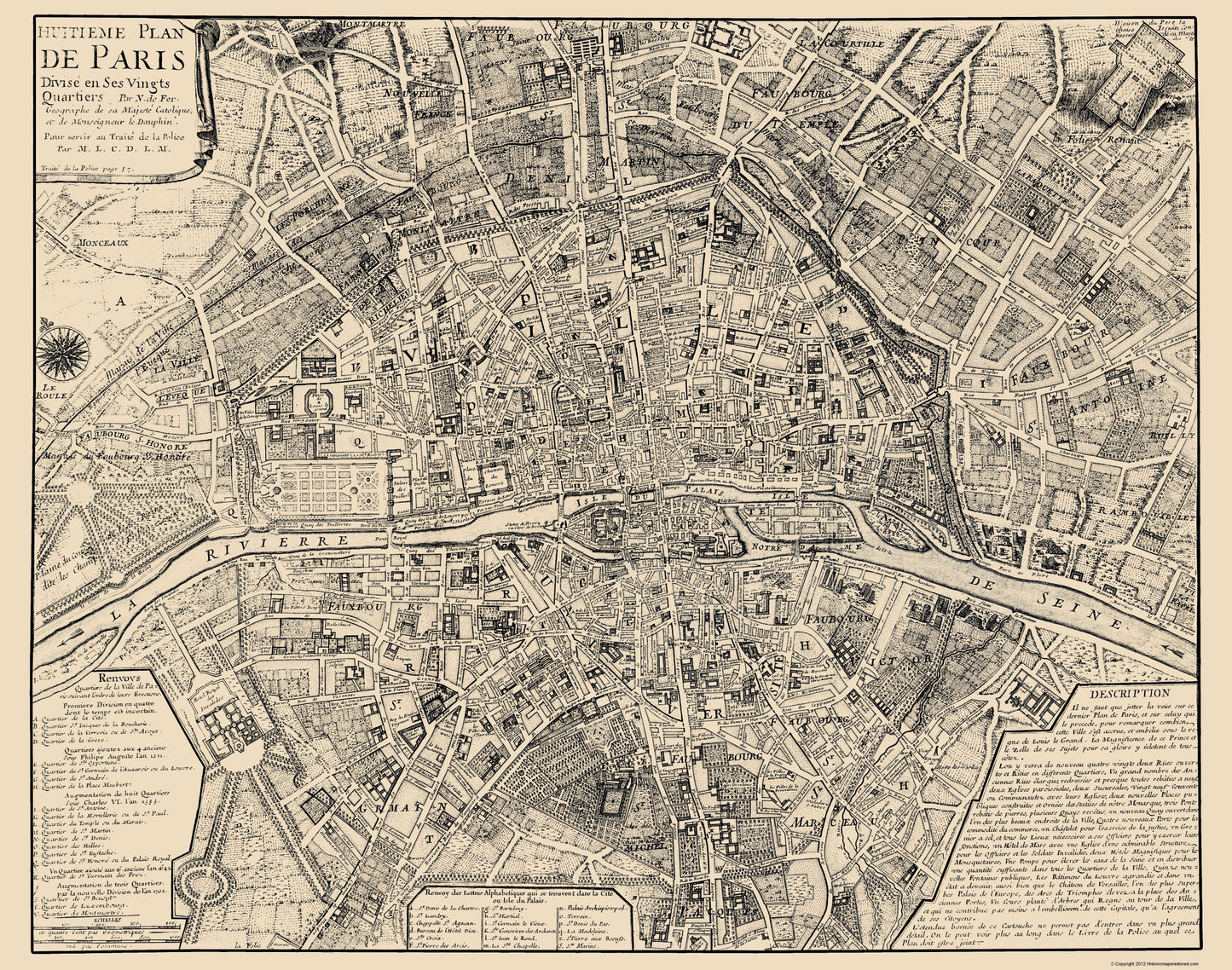 Historic Map - Paris France - De Fer 1705 - 23 x 29.21 - Vintage Wall Art