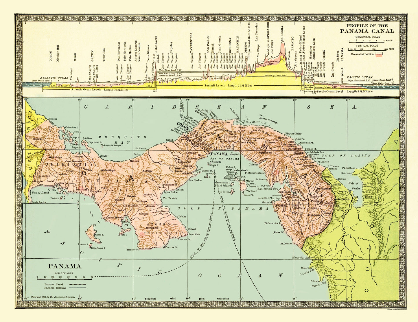 Historic Nautical Map - Panama Canal Profile - 1904 - 23 x 29 - Vintage Wall Art