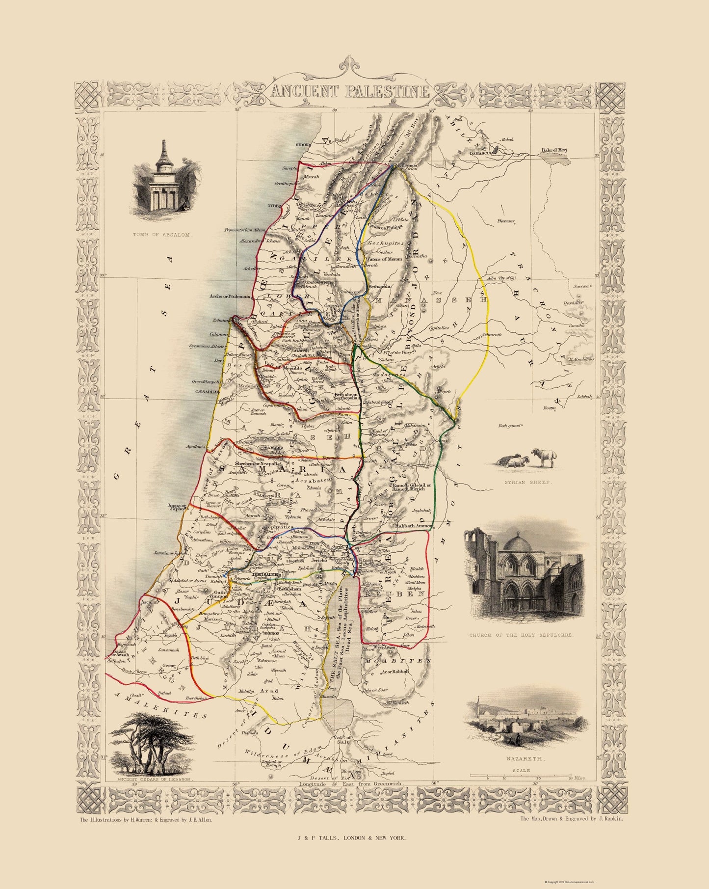 Historic Map - Palestine Ancient - Tallis 1851 - 23 x 28.83 - Vintage Wall Art