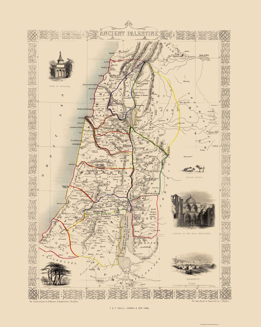 Historic Map - Palestine Ancient - Tallis 1851 - 23 x 28.83 - Vintage Wall Art