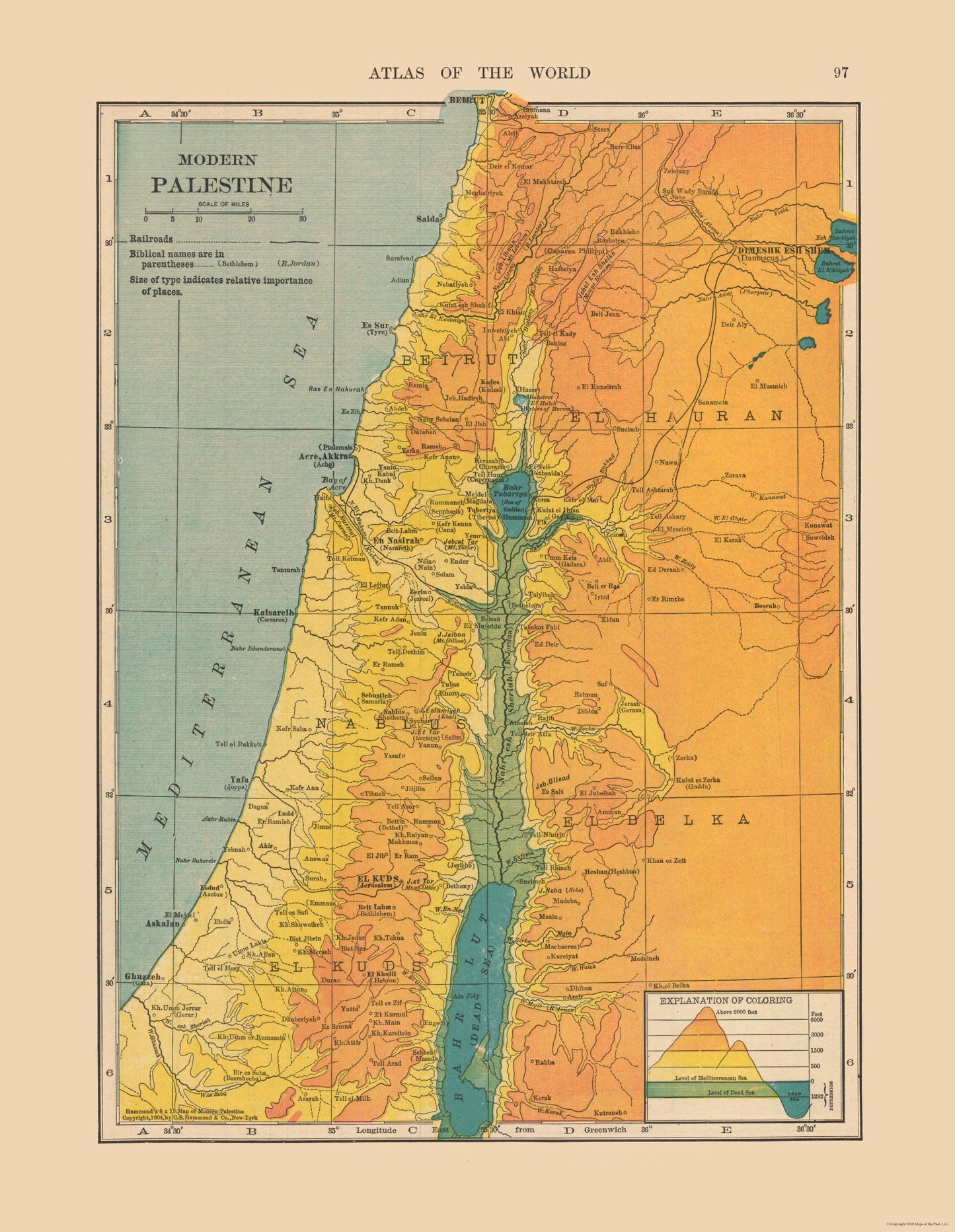 Historic Map - Palestine Israel Elevation - Hammond 1910 - 23 x 29.66 - Vintage Wall Art