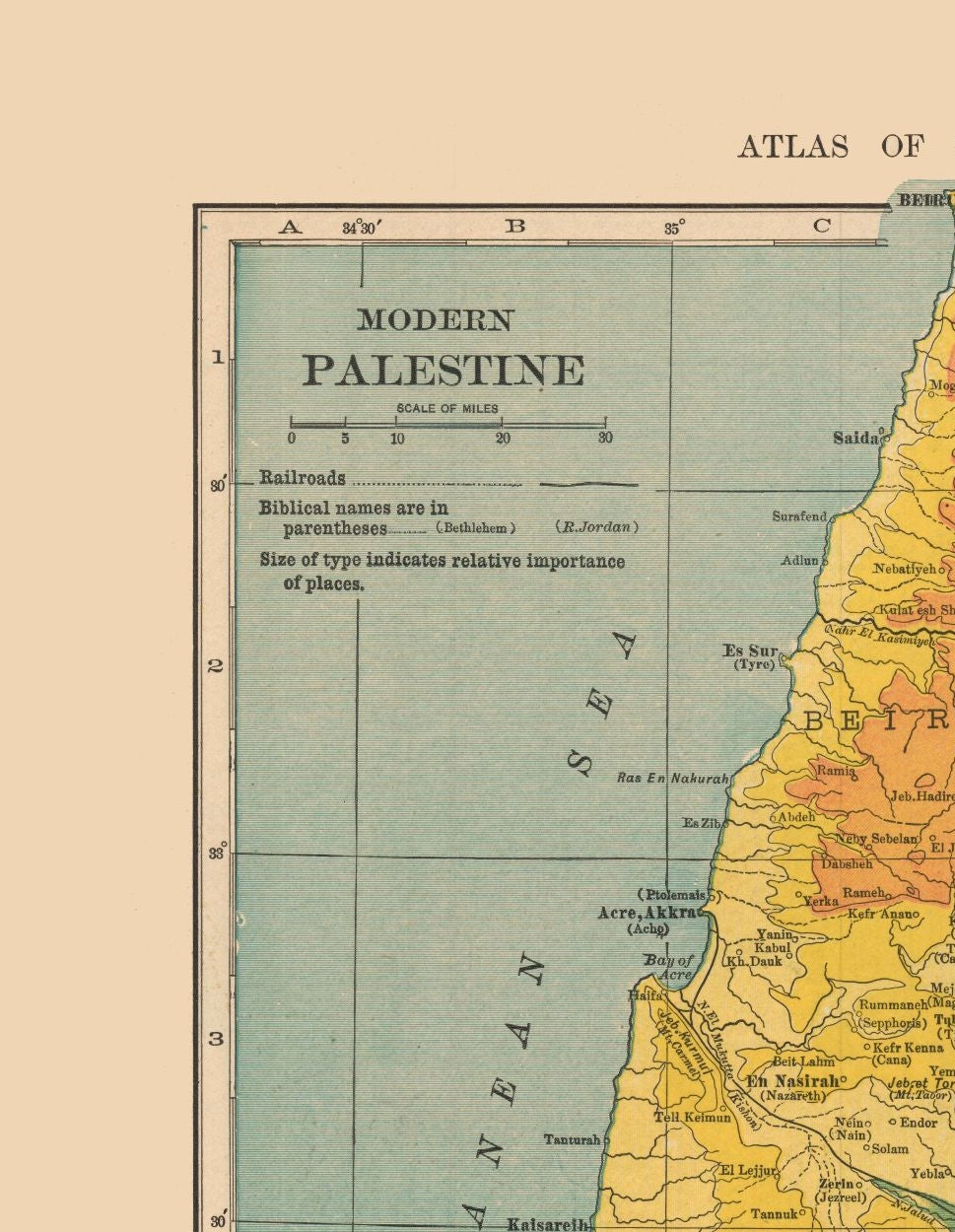 Historic Map - Palestine Israel Elevation - Hammond 1910 - 23 x 29.66 - Vintage Wall Art