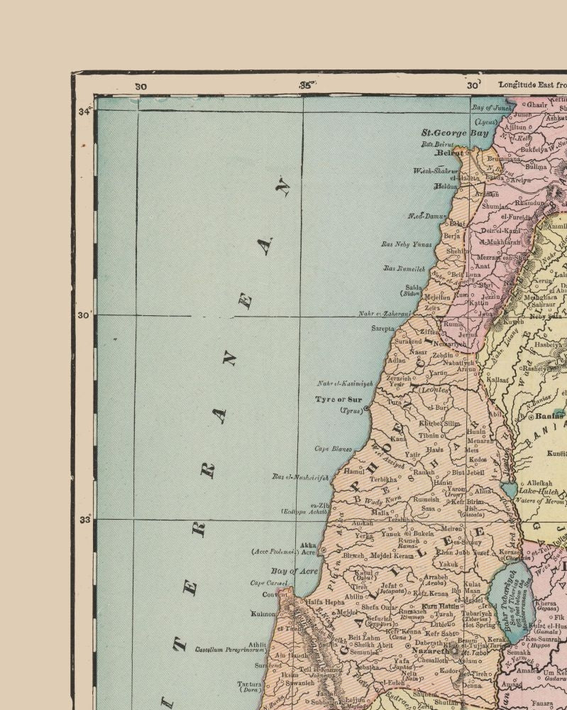 Historic Map - Palestine Israel - Cram 1892 - 23 x 28.78 - Vintage Wall Art