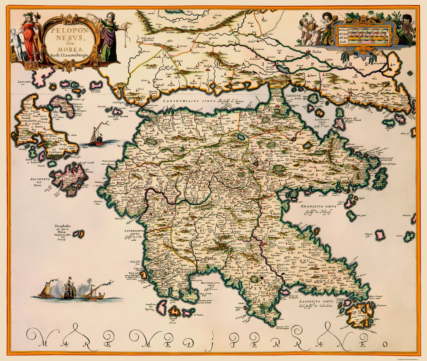 Historic Map - Greece Peloponnese Region - Jansson 1654 - 23 x 27.22 - Vintage Wall Art