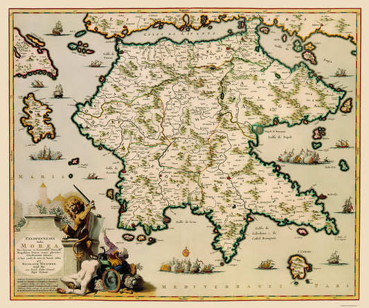 Historic Map - Greece Peloponnese Peninsula - Visscher 1681 - 23 x 27.52 - Vintage Wall Art