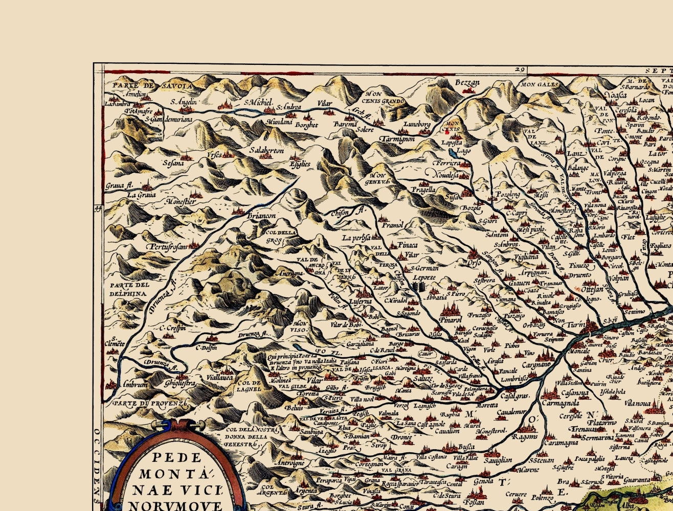 Historic Map - Piedmont Region Italy - Ortelius 1592 - 23 x 30.27 - Vintage Wall Art