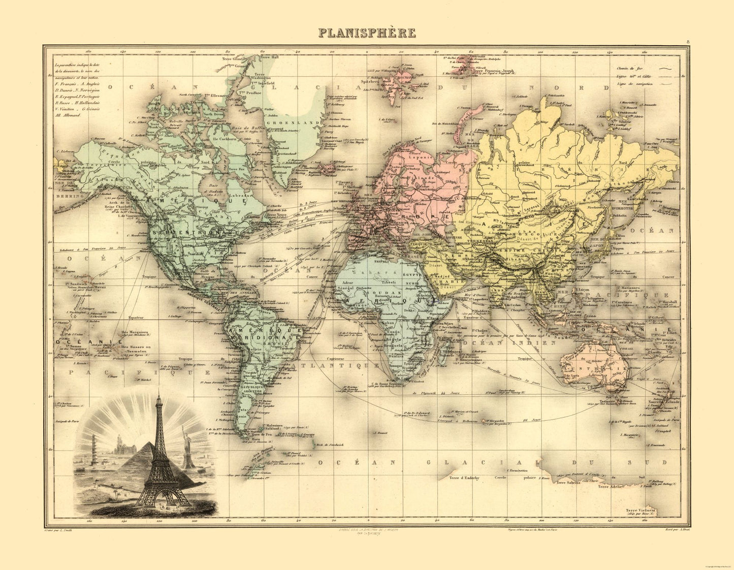 Historic Map - Planisphere - Migeon 1892 - 29.61 x 23 - Vintage Wall Art