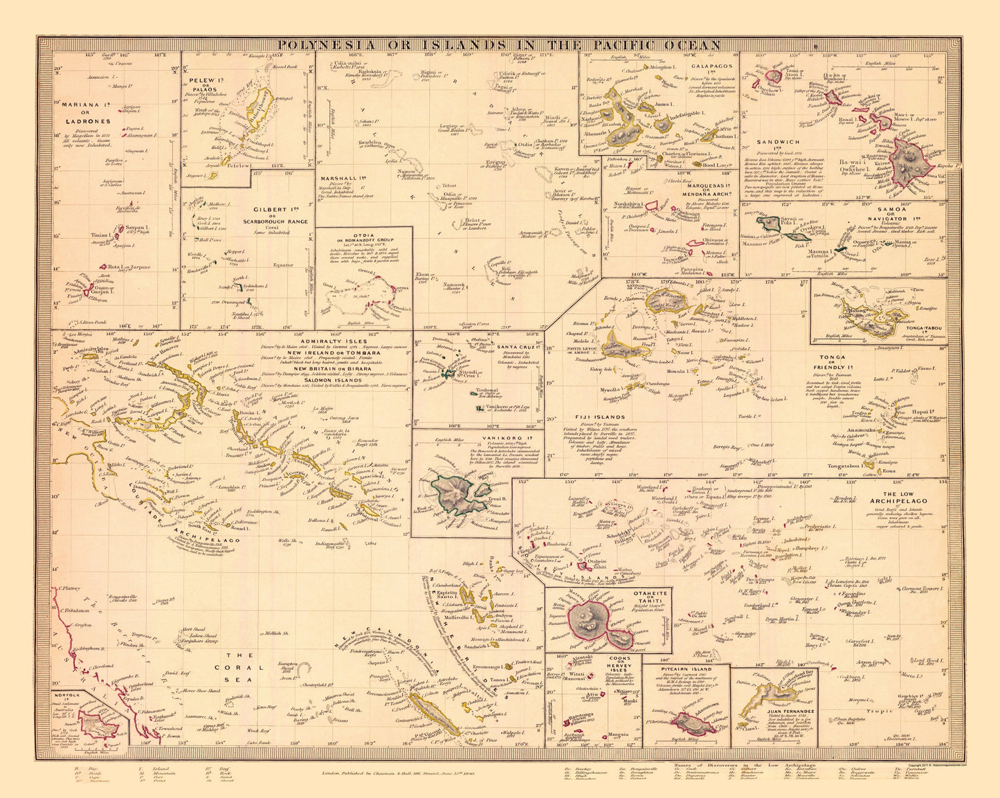 Historic Map - Oceania Polynesian Islands - Chapman 1840 - 23 x 28.82 - Vintage Wall Art