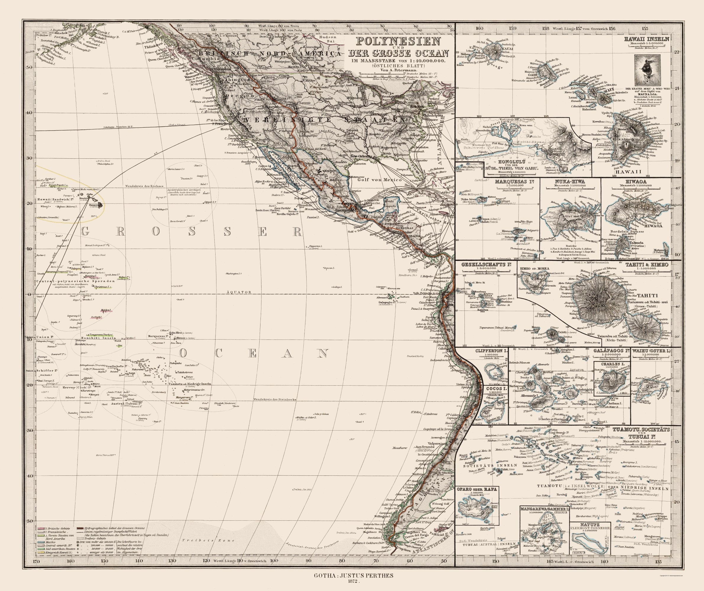 Historic Map - Oceania Polynesia - Petermann 1872 - 23 x 27.38 - Vinta ...