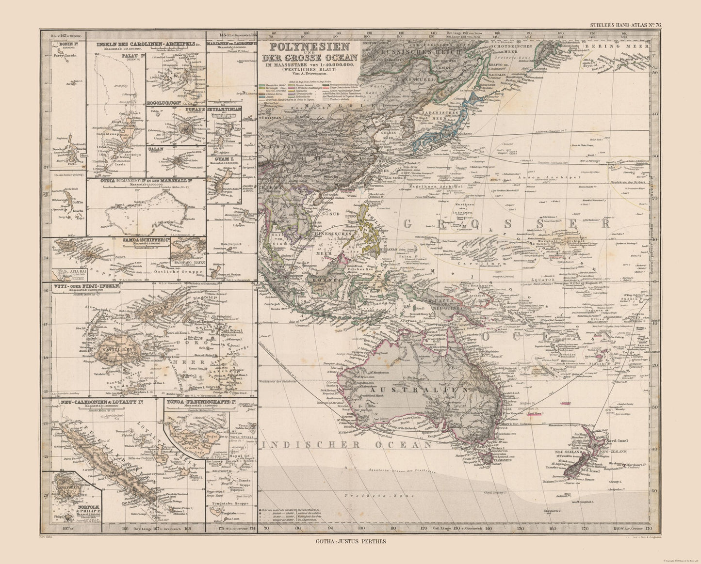 Historic Map - Oceania Polynesia - Stieler 1885 - 28.57 x 23 - Vintage Wall Art