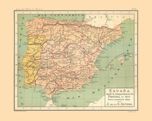 Historic Map - Portugal Spain Independence 1640 - Artero 1879 - 28.82 x 23 - Vintage Wall Art