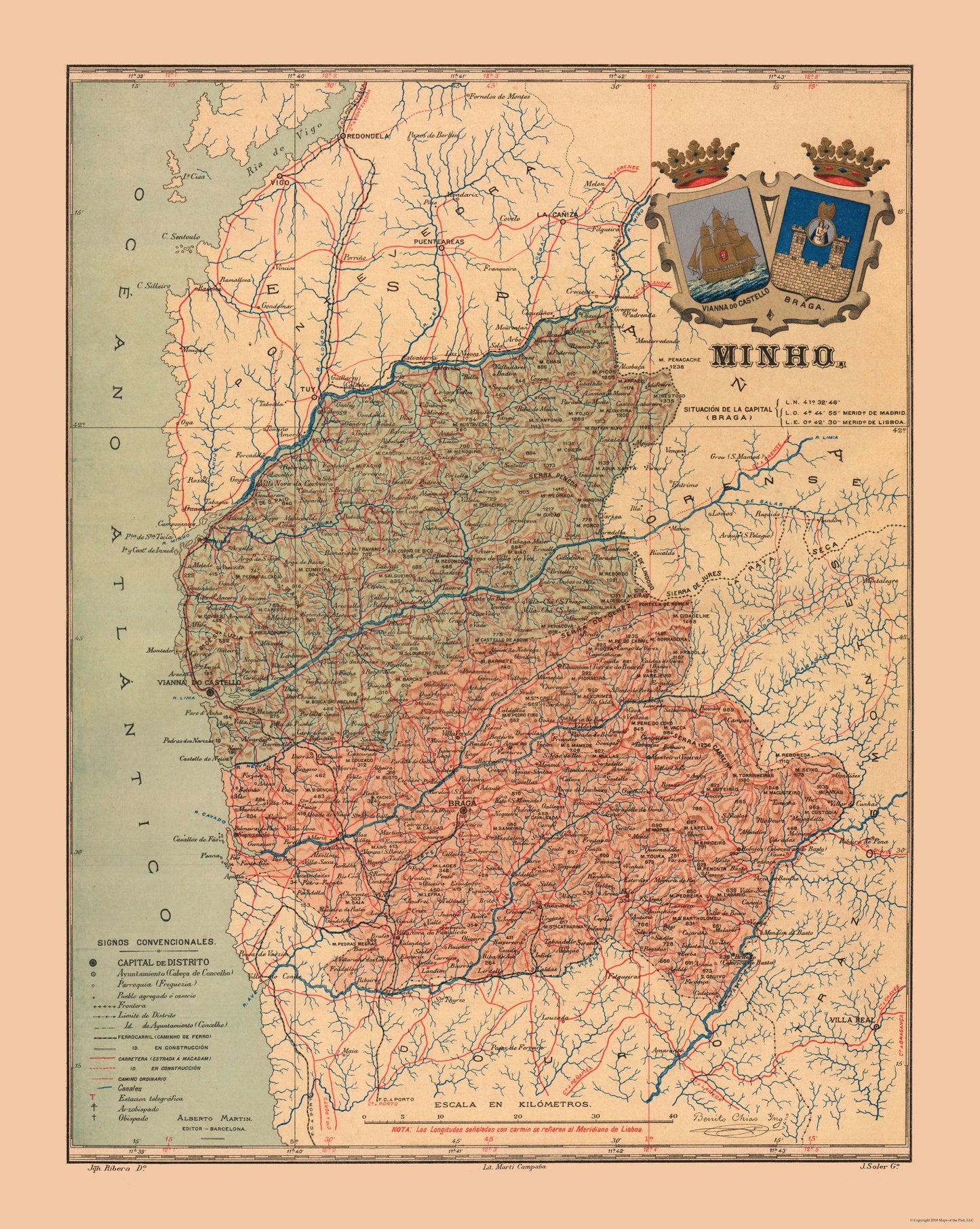 Historic Map - Minho Portugal - Martine 1904 - 23 x 28.83 - Vintage Wall Art