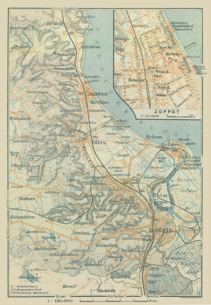 Historic Map - Sopot Poland - Baedeker 1914 - 23 x 33.24 - Vintage Wall Art