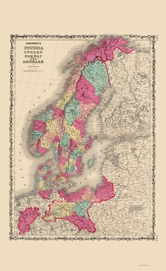 Historic Map - Prussia Sweden Norway Denmark - Johnson 1860 - 23 x 37 - Vintage Wall Art